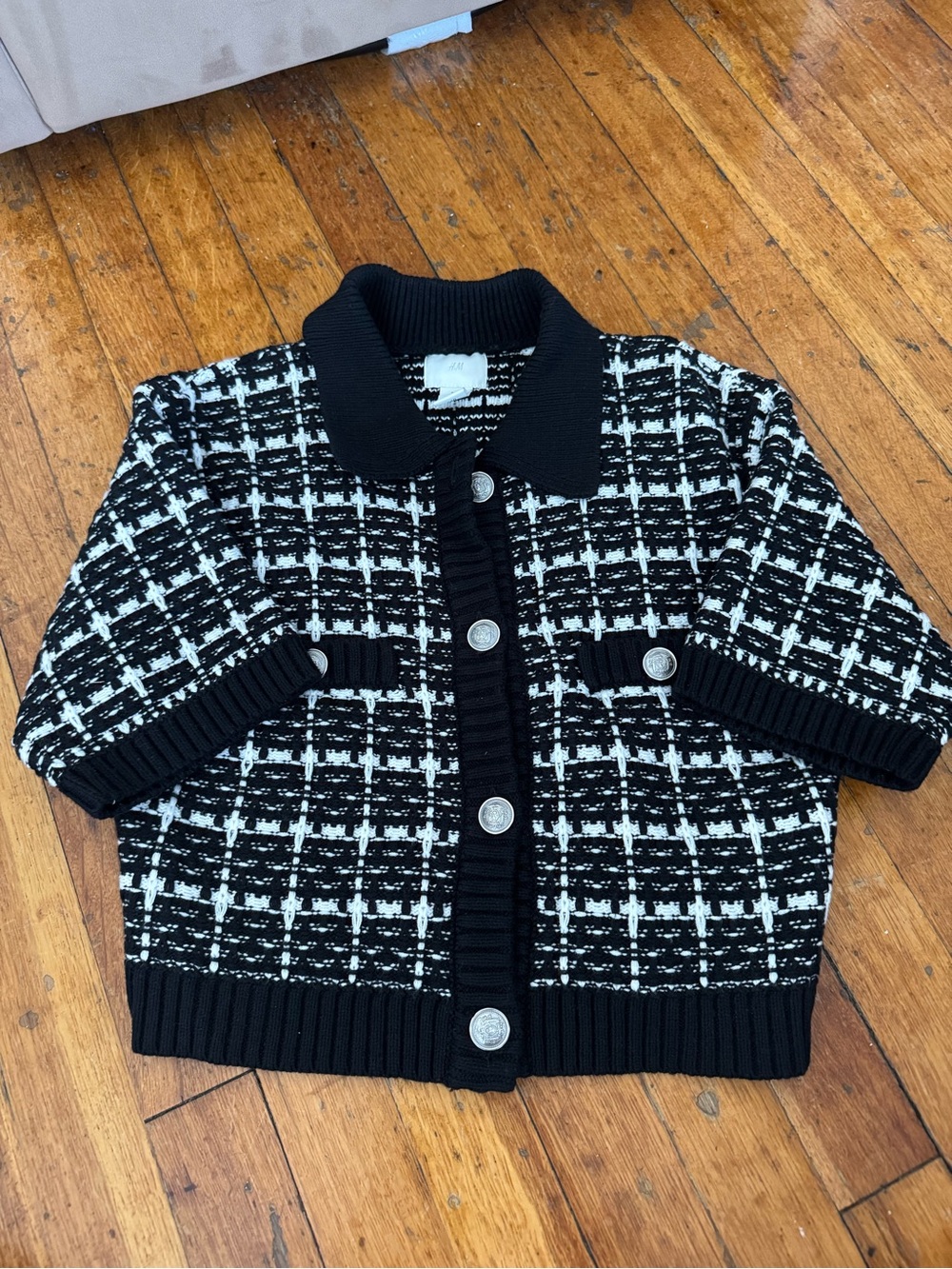 H&M Black and White Tweed Short Sleeve Cardigan